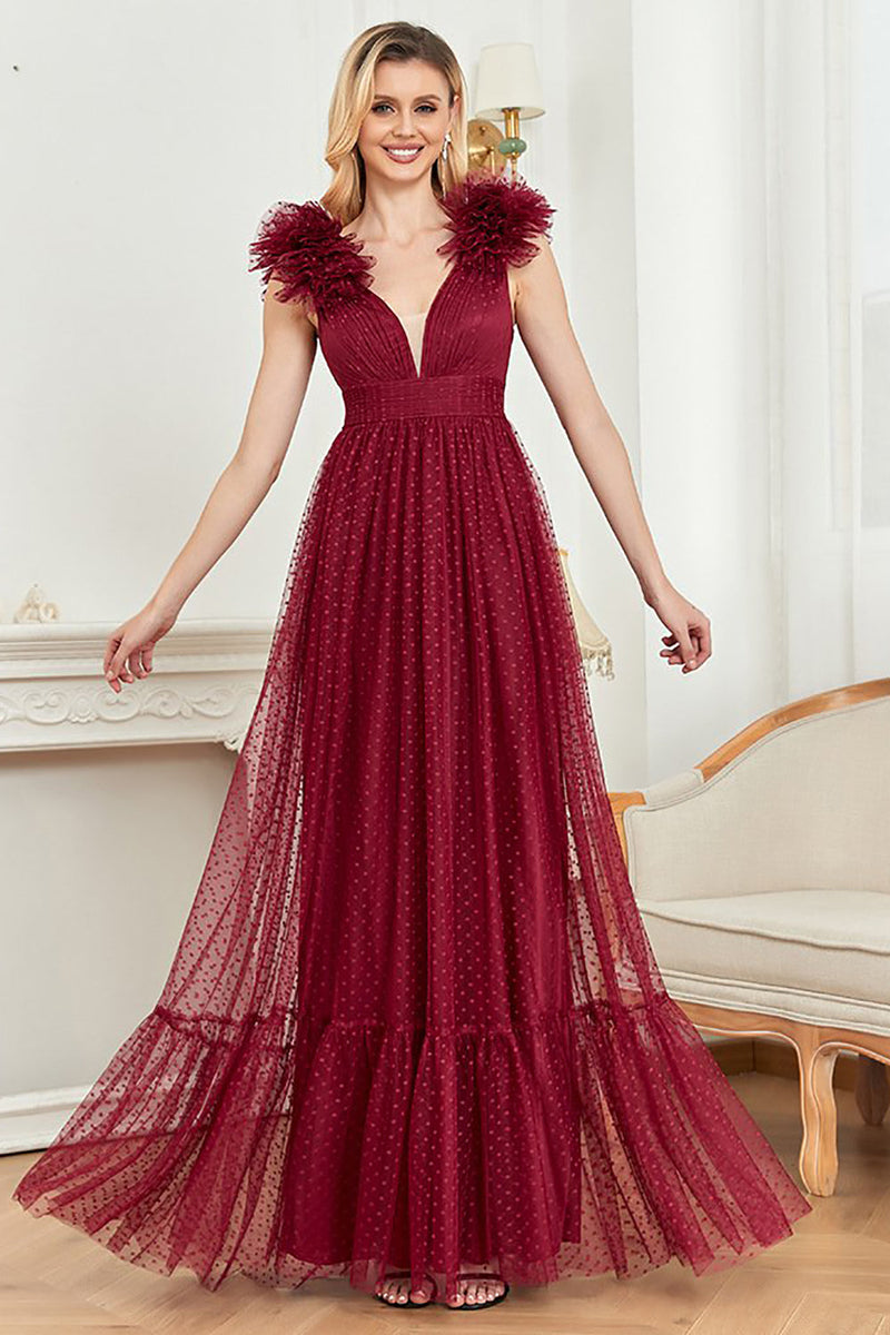 Load image into Gallery viewer, Deep V-Neck Burgundy Sleeveless A Line Long Prom Dress