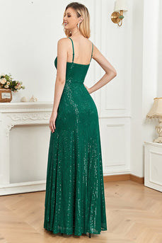 Sparkly Sequin Dark Green Spaghetti Straps Long Prom Dress