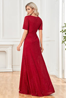 Burgundy Sparkly Short Sleeves V-Neck Long Prom Dress