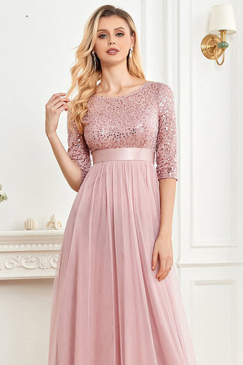 Blush A Line 3/4 Sleeves Sparkly Sequin Prom Dress