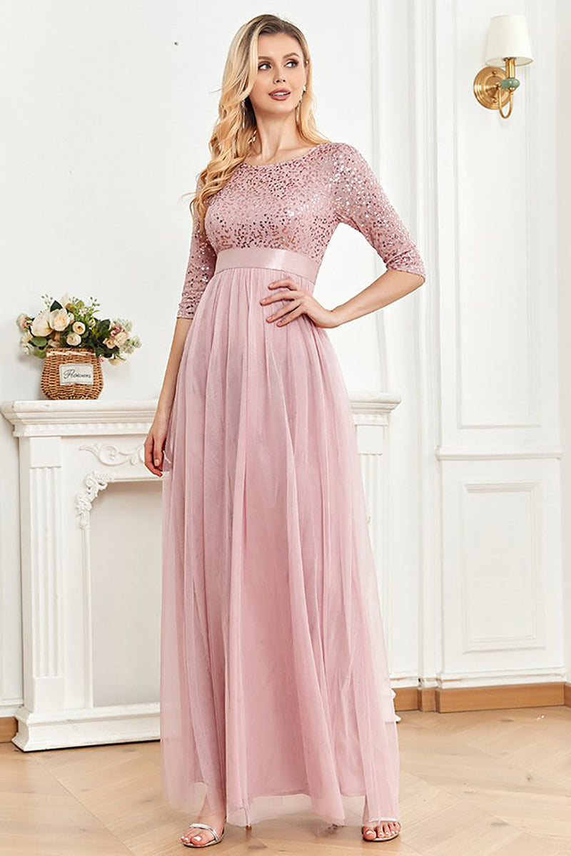 Load image into Gallery viewer, Blush A Line 3/4 Sleeves Sparkly Sequin Prom Dress