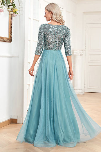 Blue Sparkly Sequin 3/4 Sleeves A Line Prom Dress