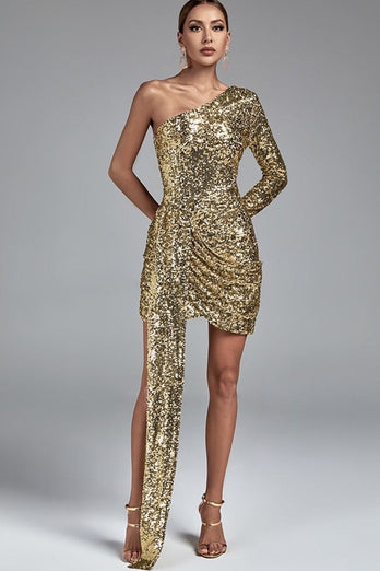 Glitter One Shoulder Goden Cocktail Dress with Pleated