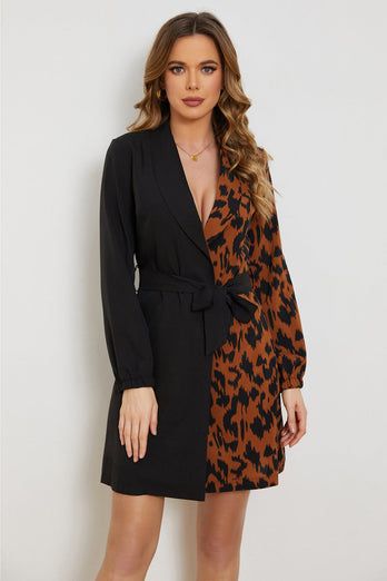 Black Leopard Wrap Short Work Dress