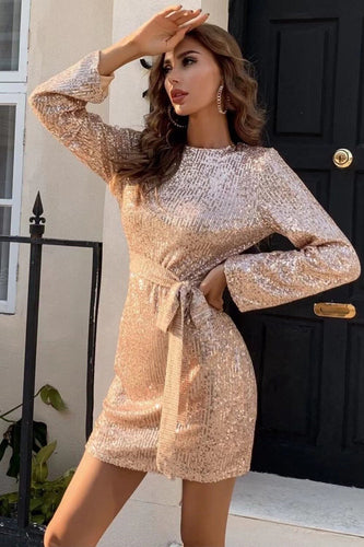 Long Sleeves Glitter Cocktail Dress with Hollow-out