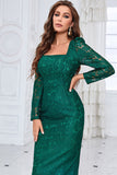 Square Neck Dark Green Formal Dress with Long Sleeves