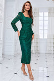 Square Neck Dark Green Formal Dress with Long Sleeves