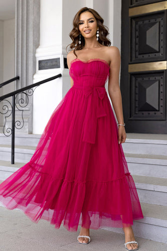 Fuchsia Long A-line Strapless Tulle Cocktail Dress