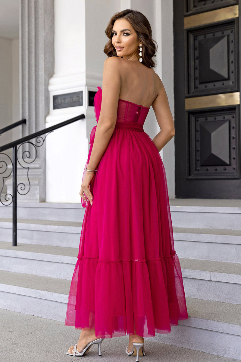 Load image into Gallery viewer, Fuchsia Long A-line Strapless Tulle Cocktail Dress