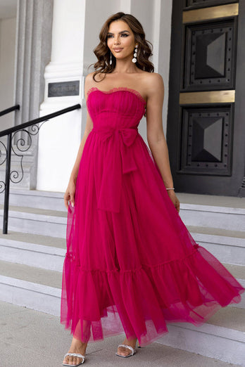 Fuchsia Long A-line Strapless Tulle Cocktail Dress