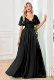 Tulle A-Line Sequins Black Formal Dress with Slit