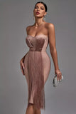 Blush Bodycon Fringed Skirt Strapless Cocktail Dress with Open Back