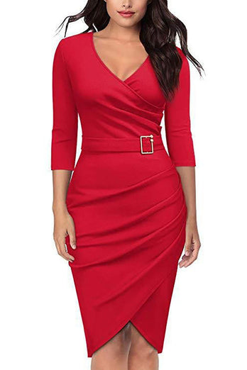 Black Bodycon Knee-Length 3/4 Sleeve Party Dress With Belt