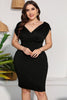 Load image into Gallery viewer, Black Bodycon V-neck  Ruched Plus Size Short Work Dress