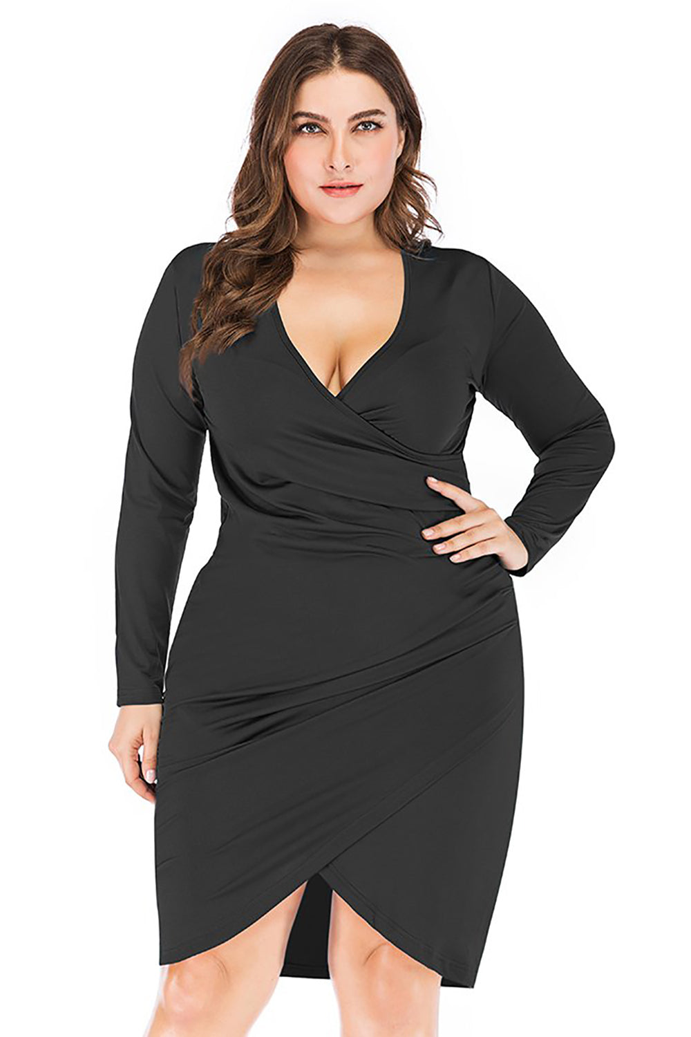 Bodycon V-Neck Plus Size Black Work Dress with Long Sleeves
