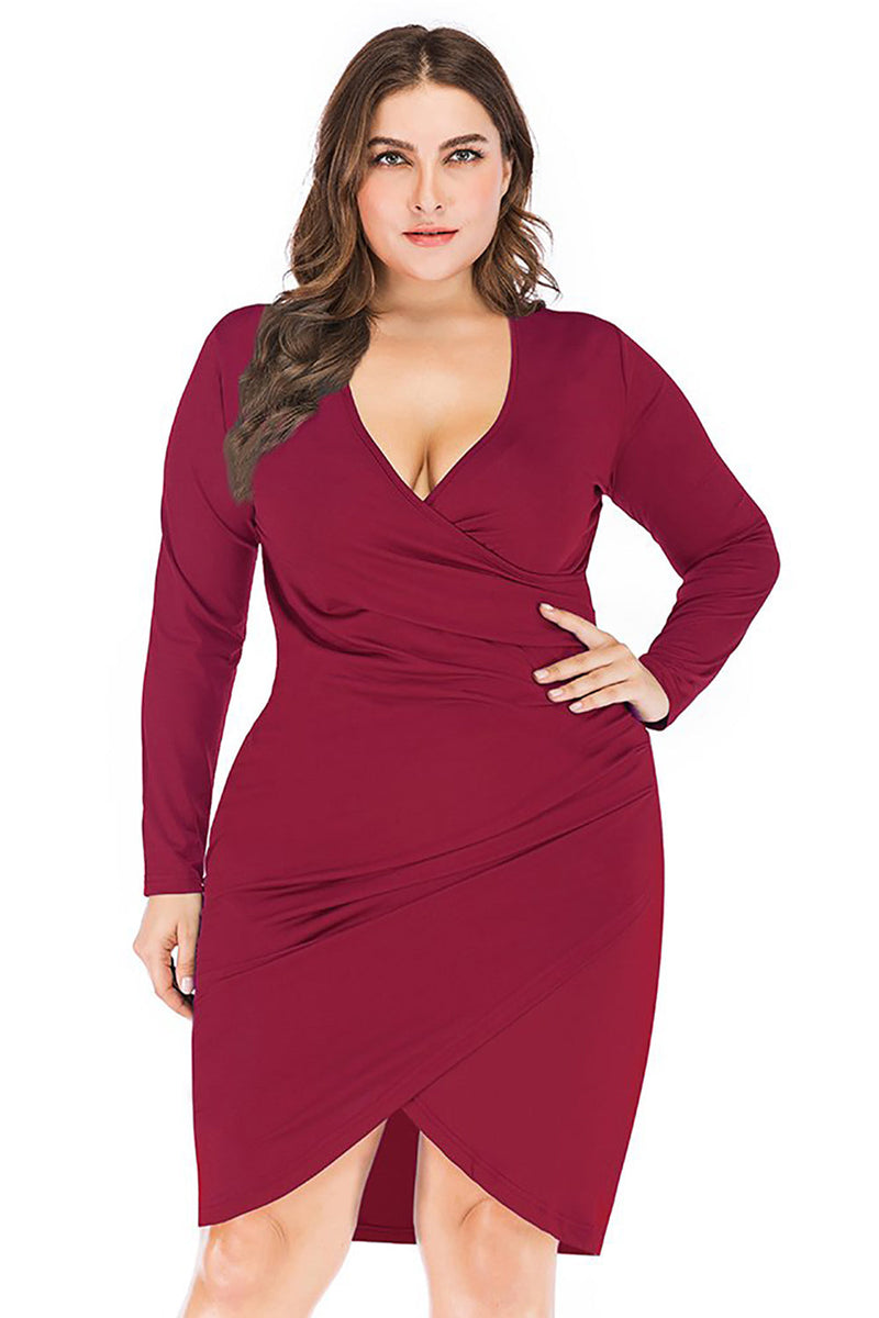 Load image into Gallery viewer, Bodycon V-Neck Plus Size Black Work Dress with Long Sleeves