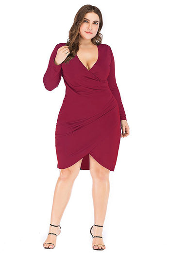 Bodycon V-Neck Plus Size Black Work Dress with Long Sleeves