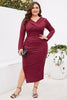 Load image into Gallery viewer, Burgundy Bodycon V-Neck Long Sleeves Plus Size Work Dress with Slit