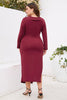 Load image into Gallery viewer, Burgundy Bodycon V-Neck Long Sleeves Plus Size Work Dress with Slit