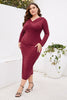 Load image into Gallery viewer, Burgundy Bodycon V-Neck Long Sleeves Plus Size Work Dress with Slit