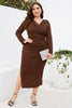 Load image into Gallery viewer, Burgundy Bodycon V-Neck Long Sleeves Plus Size Work Dress with Slit