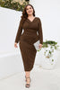 Load image into Gallery viewer, Burgundy Bodycon V-Neck Long Sleeves Plus Size Work Dress with Slit