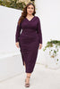Load image into Gallery viewer, Burgundy Bodycon V-Neck Long Sleeves Plus Size Work Dress with Slit