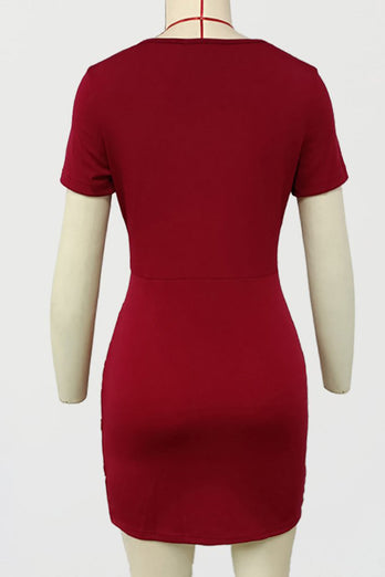 Burgundy Bodycon V-Neck Pleated Short Work Dress with Short Sleeves