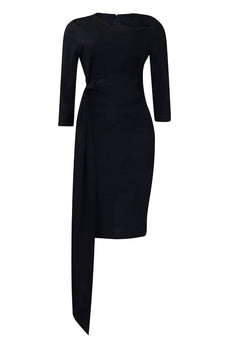 Black Bodycon Bateau Neck Pleated Knotted Work Dress With 3/4 Sleeves