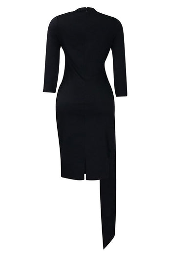 Black Bodycon Bateau Neck Pleated Knotted Work Dress With 3/4 Sleeves
