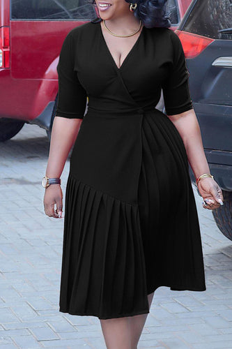 Black V Neck Pleated A Line Midi Work Dress With Short Sleeves
