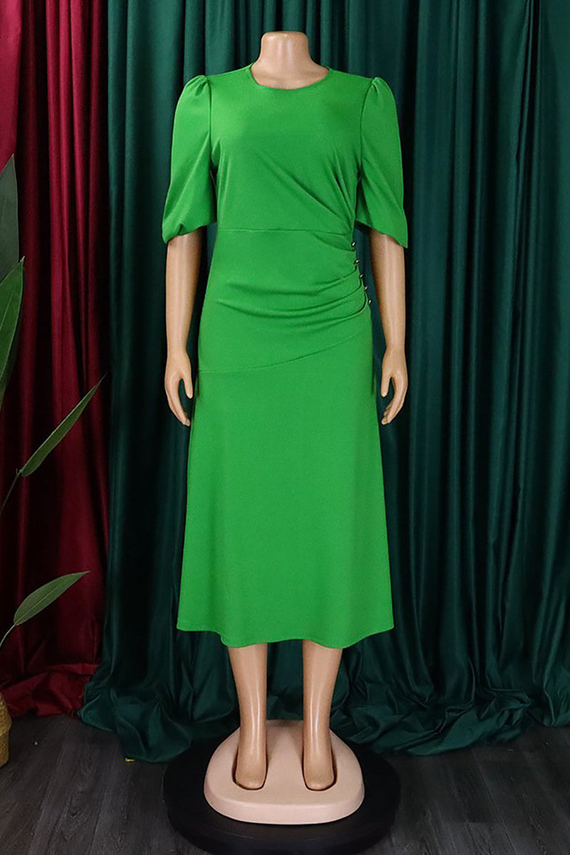 Load image into Gallery viewer, Black Round Neck Ruched Short Sleeves Work Dress