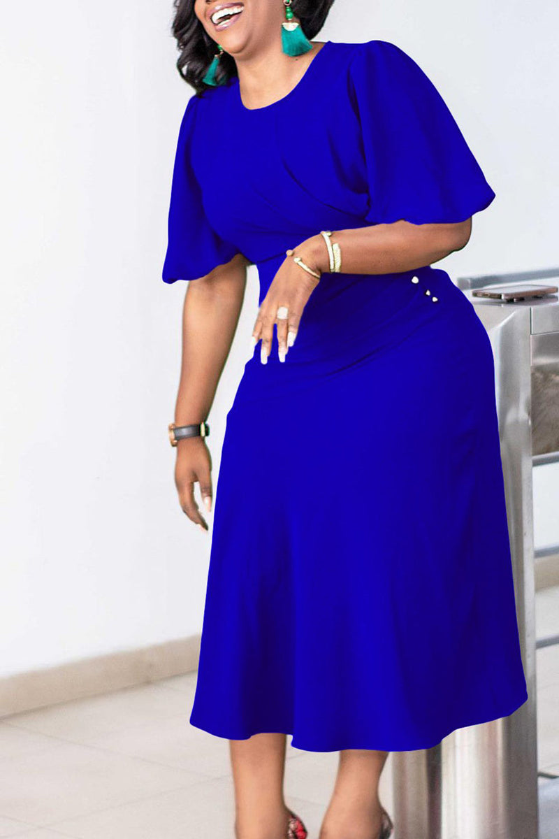 Load image into Gallery viewer, Black Round Neck Ruched Short Sleeves Work Dress