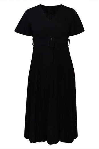 A-Line Black V-Neck Ruched Work Dress With Ruffle sleeves