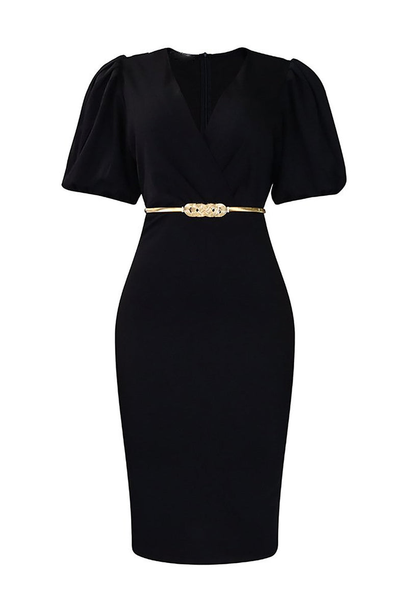 Load image into Gallery viewer, Bodycon Black V-Neck Work Dress With Puff Sleeves