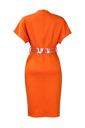 Bodycon V Neck Slit Orange Work Dress With Belt