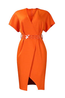 Bodycon V Neck Slit Orange Work Dress With Belt