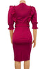 Load image into Gallery viewer, Bodycon Round Neck Fuchsia Work Dress With Puff Ruffle Sleeves