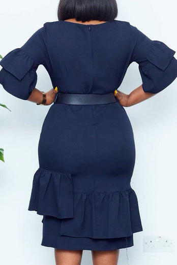 Navy Bodycon Round Neck Work Dress With Short Sleeves