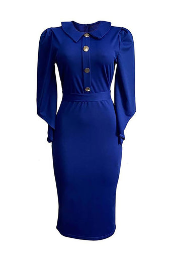Navy Bodycon 3/4 Sleeves Midi Work Dress With Button