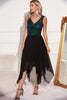 Load image into Gallery viewer, Black Green Sequin A-line Sleeveless Asymmetrical Cocktail Dress