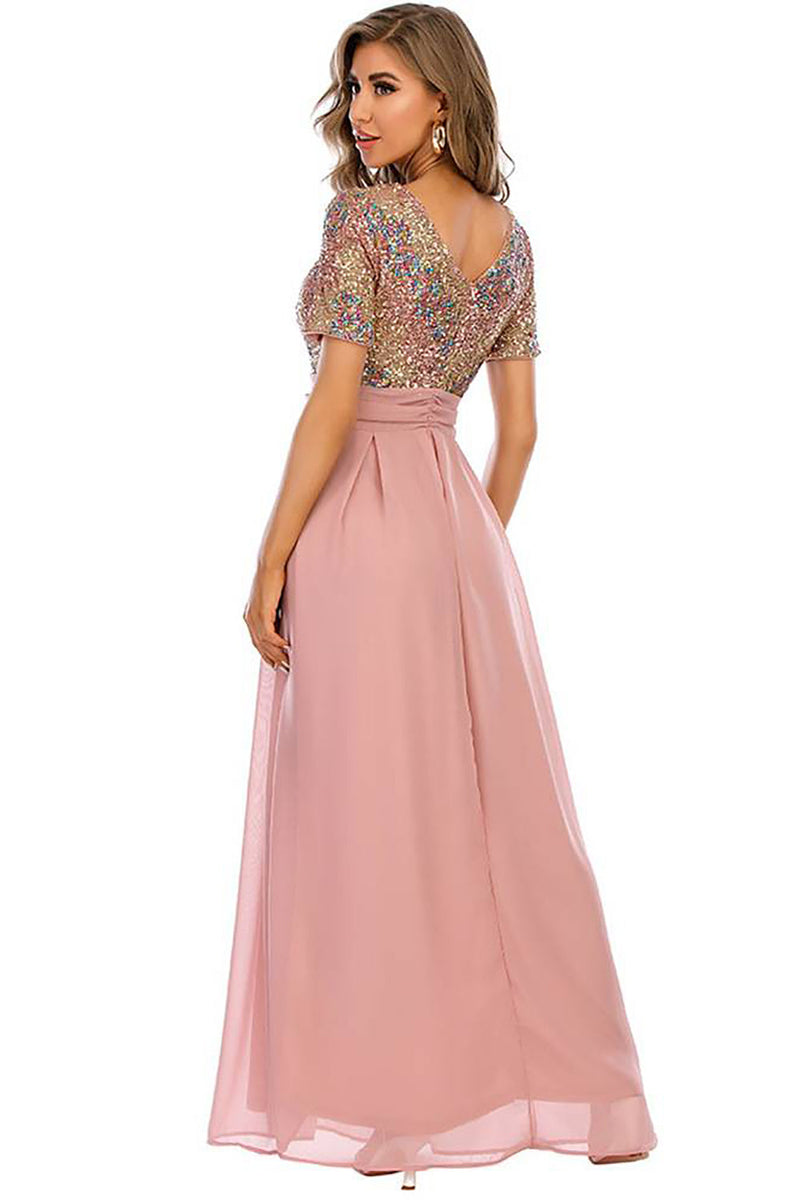 Load image into Gallery viewer, Blush Sequin A-line Round Neck Short Sleeves Long Evening Dress