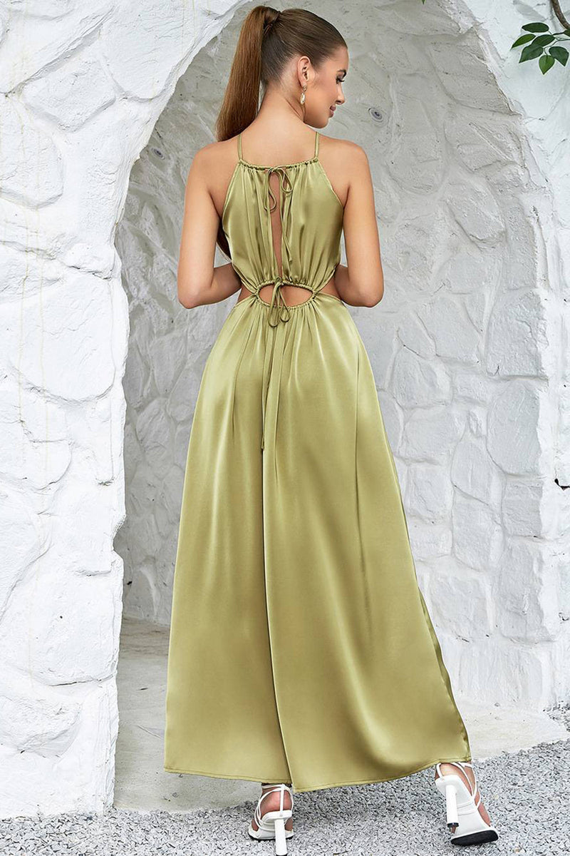 Load image into Gallery viewer, Green Halter Neck A-line Hollow-waist Long Party Dress