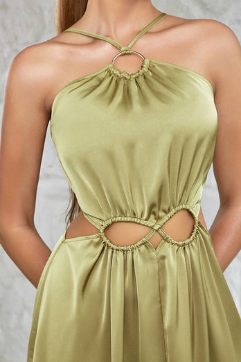 Green Halter Neck A-line Hollow-waist Long Party Dress