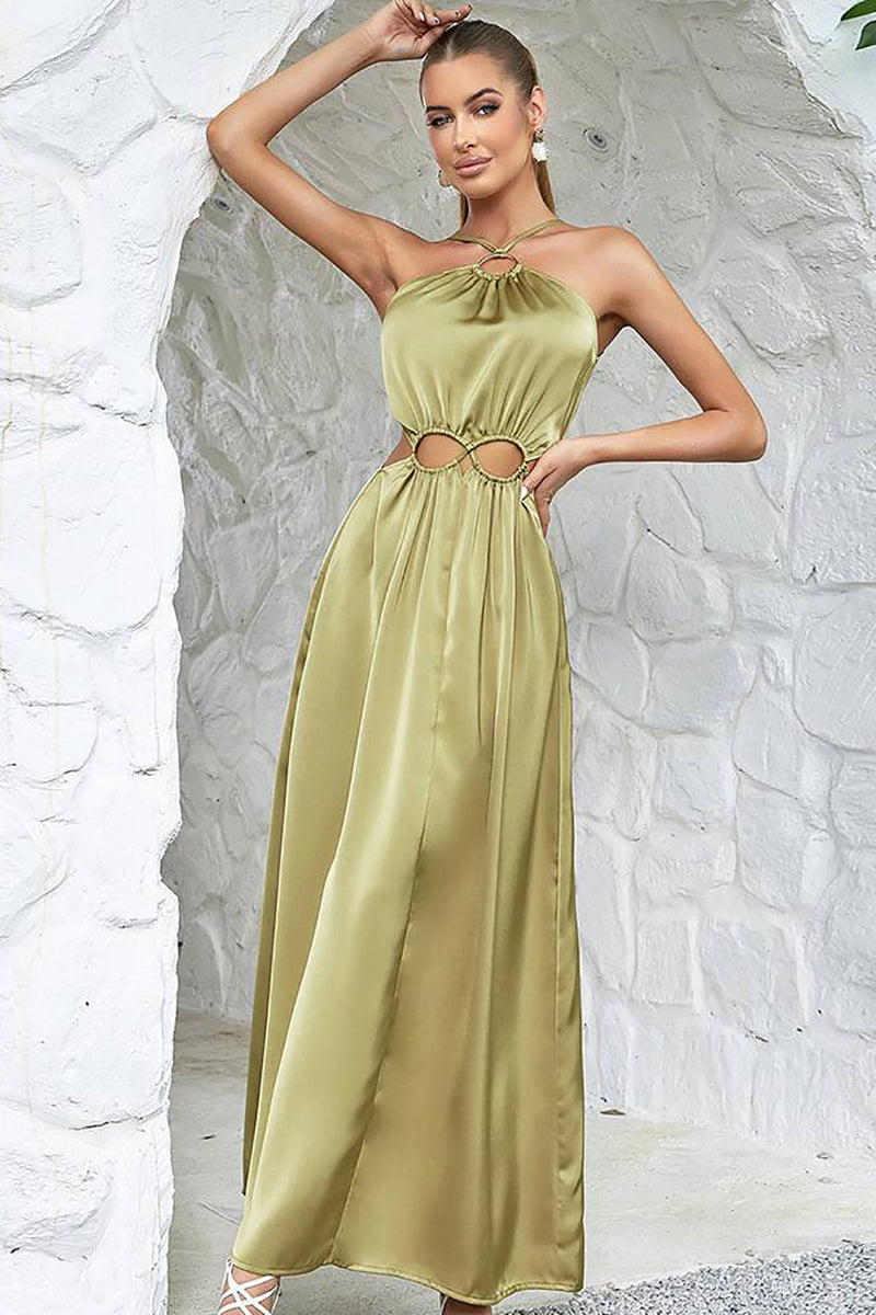 Load image into Gallery viewer, Green Halter Neck A-line Hollow-waist Long Party Dress