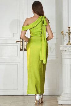 Green One Shoulder Sheath Pleated Holiday Party Dress