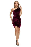 One Shoulder Velvet Holiday Party Dress with Pleated