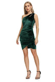 One Shoulder Velvet Holiday Party Dress with Pleated