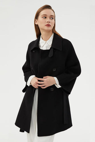 Black Double Breasted Wool Coat With Pockets