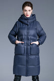 Navy Long Winter Down Jacket With Pockets